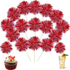 Ephlyn 30Pcs Foil Firework Cupcake Toppers Sparkle Tinsel Cupcake Picks Happy Birthday Cake Toppers Drink Stirrers Cocktail Food Fruit Toothpicks for Baby Shower Birthday Party Supplies Red