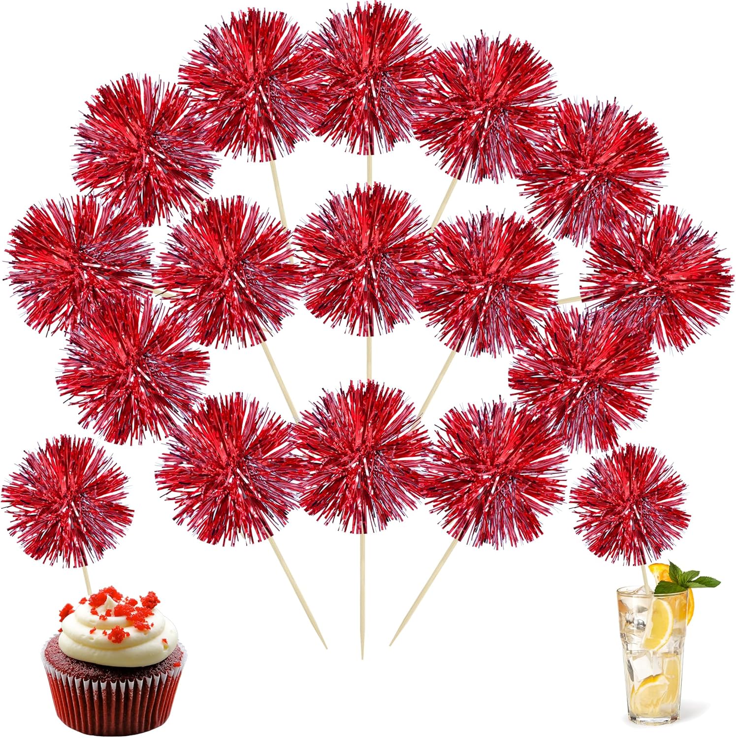 Ephlyn 30Pcs Foil Firework Cupcake Toppers Sparkle Tinsel Cupcake Picks Happy Birthday Cake Toppers Drink Stirrers Cocktail Food Fruit Toothpicks for Baby Shower Birthday Party Supplies Red