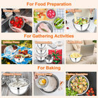 E-far Mixing Bowls Set of 5, Stainless Steel Salad Mixing Bowl with Transparent Lid, Metal Nesting Bowl Attach with 3 Graters for Kitchen Prepping/Serving/Baking/Storage, 4.6/2.6/1.5/1/0.7 QT - Khaki