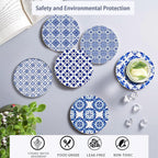 Drink Coasters Set of 6 with Holder, Handpainted Blue Pattern Absorbent Ceramic Coasters with Cork Base,Fit All Cups,Great Gift for Housewarming,Room Decor,Bar,Holiday Party