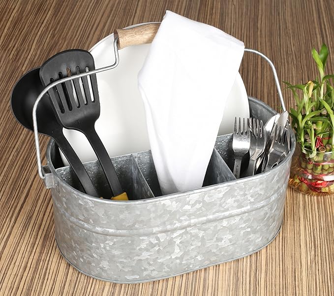Alpha Living Home Galvanized Metal Utensil Caddy - Rustic Farmhouse Organizer Metal Garden Caddy with 4 Compartments and Wooden Handle for Kitchen, Buffet & Outdoor Events (Silver)