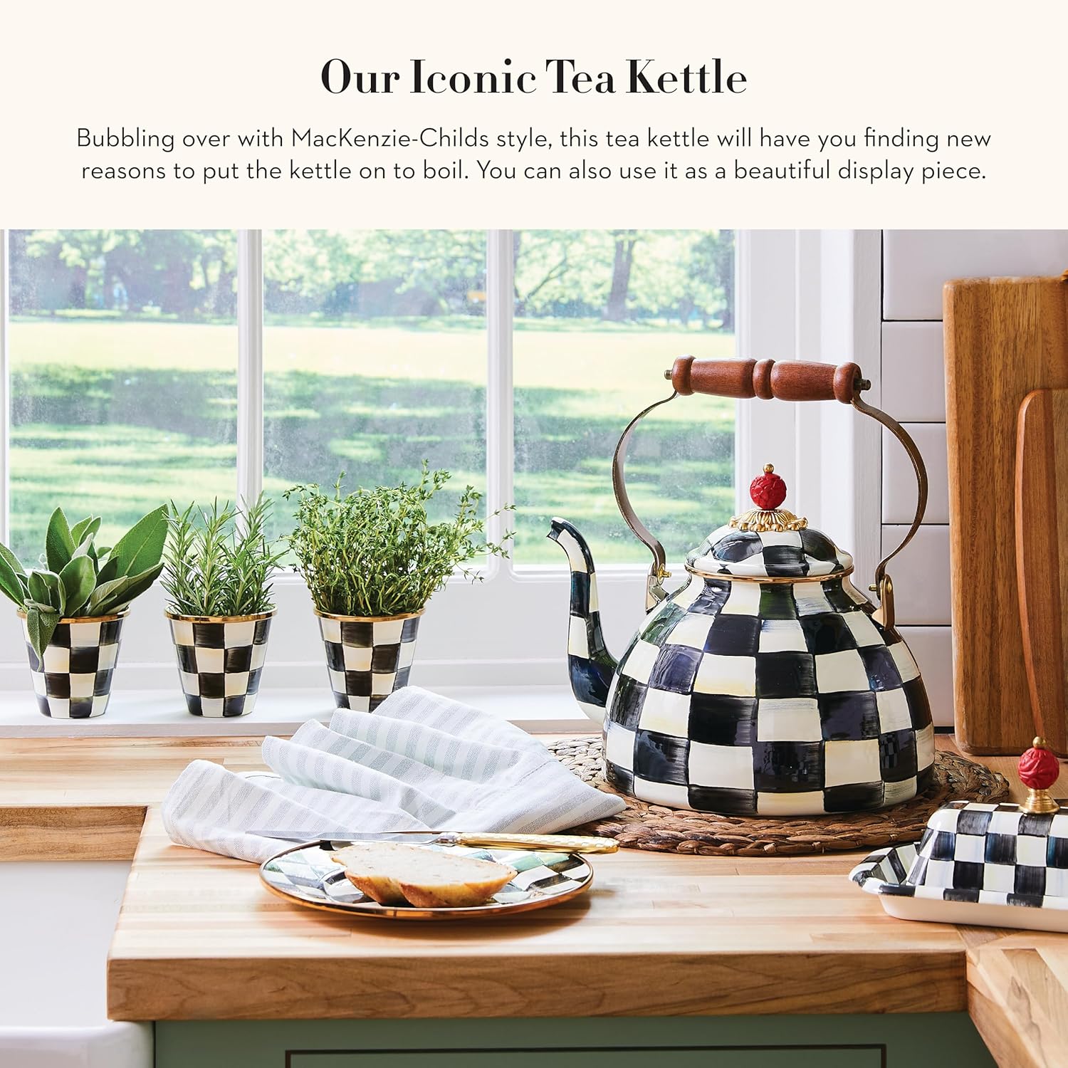 MACKENZIE-CHILDS Enamel Tea Kettle, Stylish Tea Kettle for Stovetop, Black-and-White Courtly Check, 3 Quarts