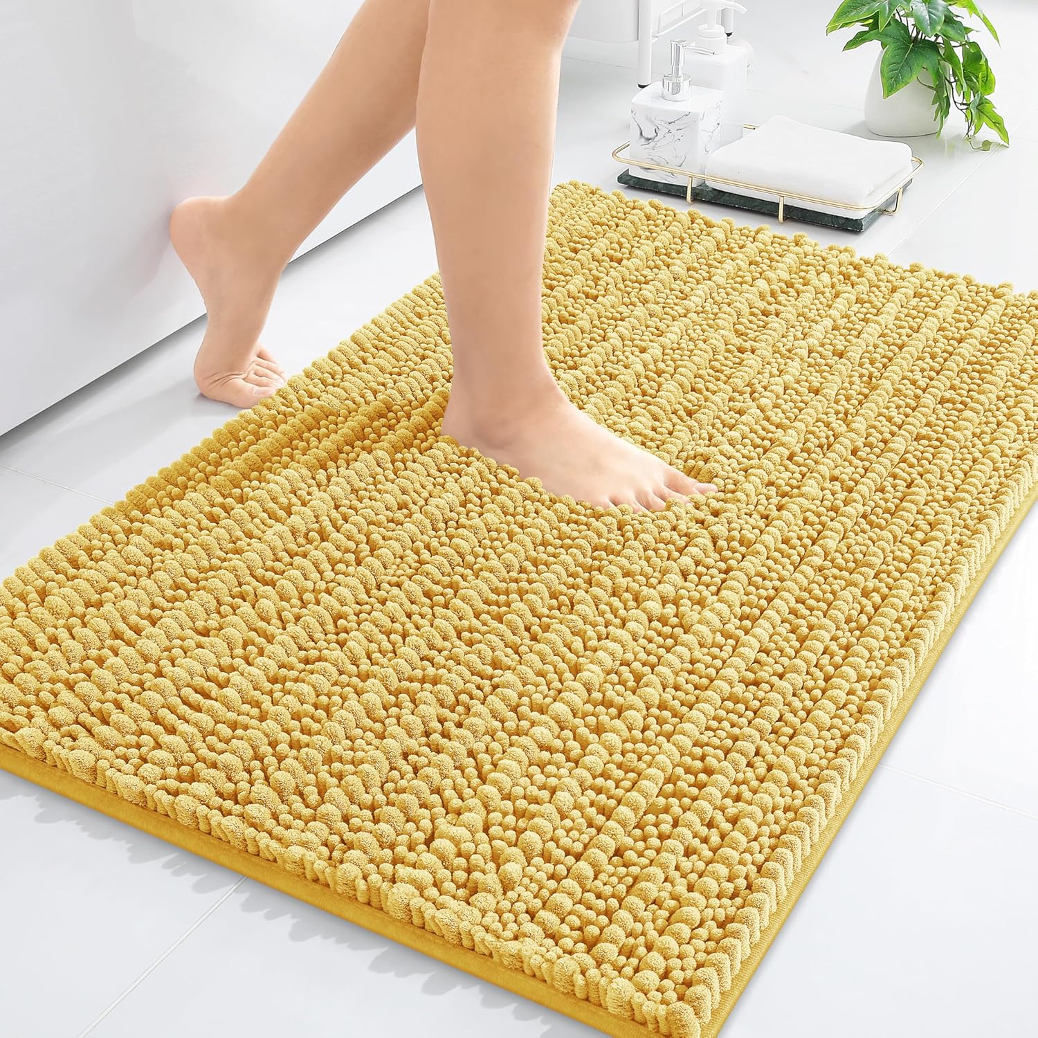Arotive Luxury Chenille Bathroom Rug Mat, Extra Soft Thick Absorbent Shaggy Bath Rugs, Non-Slip Machine Wash Dry, Plush Bath Mats for Bathroom, Shower and Tub, 36x24, Yellow