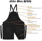 Under NY Sky Cross-Back Deep Black Apron - Durable Twill with Leather Reinforcement and Split-Leg - Adjustable for Men and Women - Pro Chef, Tattoo, Baker, Barista, Bartender, Stylist, Server Aprons