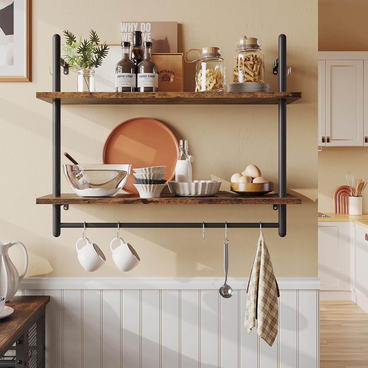 Bestier Pipe Shelf Industrial Floating Shelving 31" Kitchen Wall-Mounted Shelf with Towel Bar Hooks Coffee Bar Shelves Wine Hanging Display Rack Bookshelf Living Room Decor Bathroom-Rustic Brown