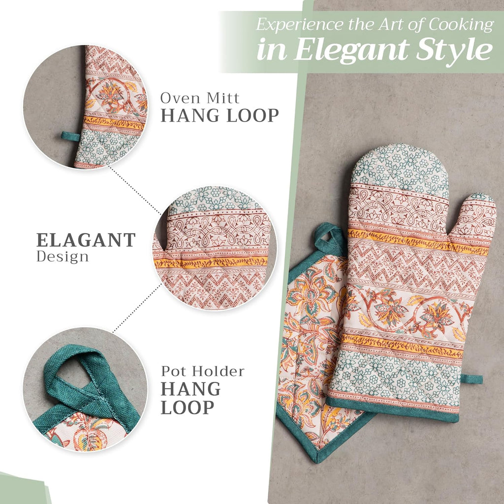 Maison d' Hermine 100% Cotton Oven Mitt & Pot Holder Set (7.5"x13" & 8"x8") Heat Resistant BBQ Cooking Gloves with Loop, Baking, Grilling, Kitchen, Handling Hot Pans (Nila)