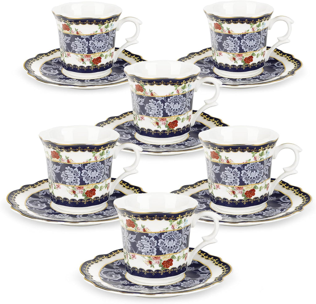 fanquare 2.5 Ounce Espresso Cups Set of 6, 12 Pieces Ceramic Demitasse Cup and Saucers, Blue Lace Pattern Espresso Mugs for Coffee Bar Home