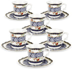 fanquare 2.5 Ounce Espresso Cups Set of 6, 12 Pieces Ceramic Demitasse Cup and Saucers, Blue Lace Pattern Espresso Mugs for Coffee Bar Home