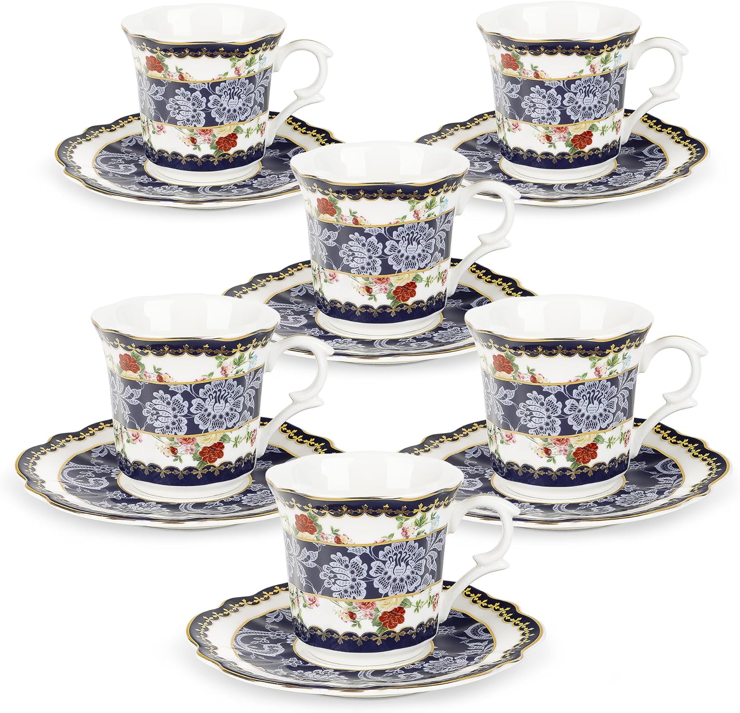 fanquare 2.5 Ounce Espresso Cups Set of 6, 12 Pieces Ceramic Demitasse Cup and Saucers, Blue Lace Pattern Espresso Mugs for Coffee Bar Home