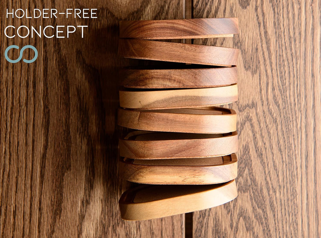 Acacia Wood Coasters for Drinks, 4.13 Inch, Set of 6, Squircles Insulation and Absorbent Cork Stackable Cup Holder, Rustic Coasters for Coffee Table, Designed by S1EGAN