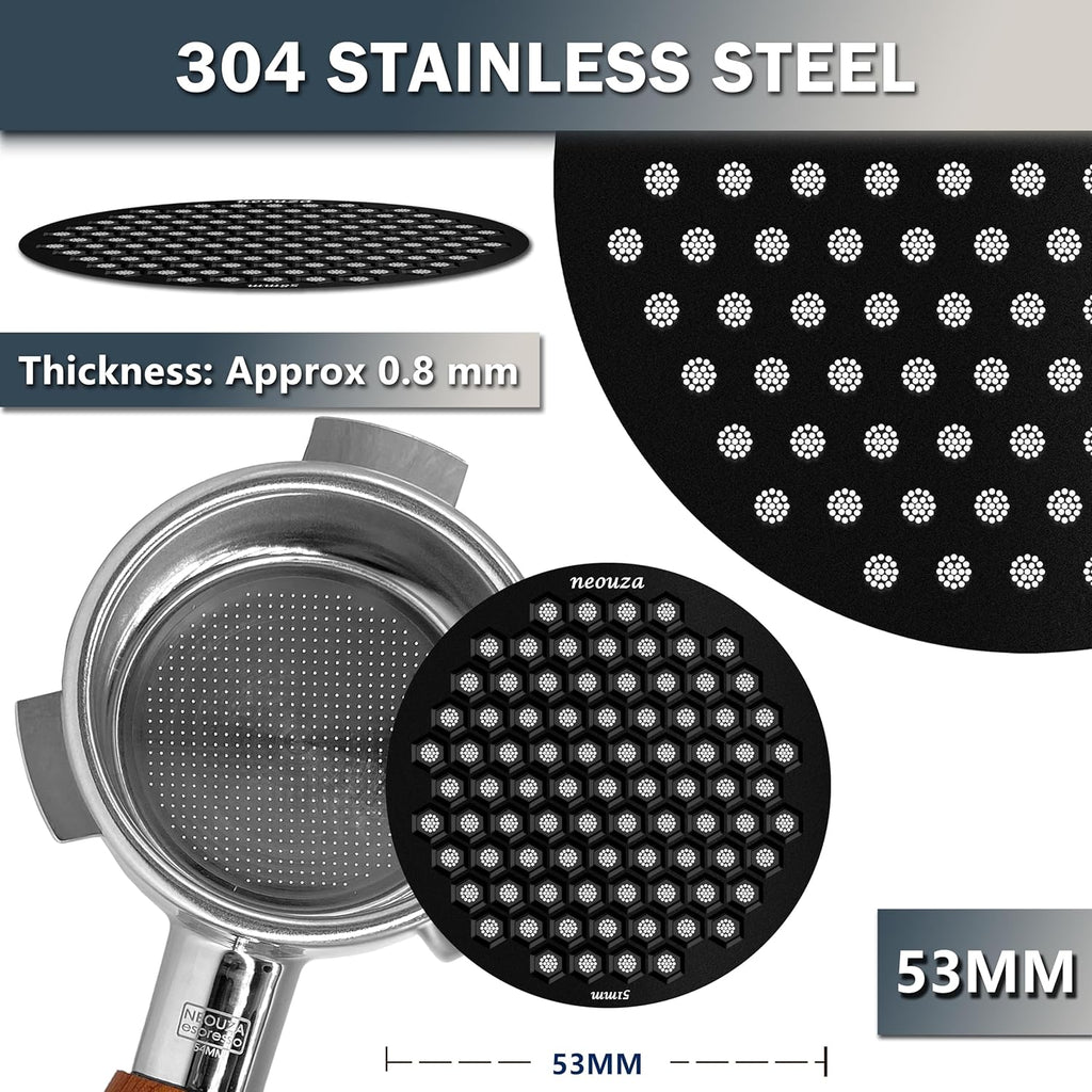 NEOUZA V4 Espresso Puck Screen 0.8mm Thickness Honeycomb Mesh Double Layer Black Protective Coating for Coffee Portafilter Basket (2, Black and Silver, 53mm)