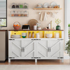 Buffet Sideboard with Storage with Power Outlets & LED Light 4 Doors, 55'' Large Farmhouse Kitchen Storage Cabinet Wood Coffee Bar Cabinet Buffet Table for Kitchen, Dining Room, Entryway