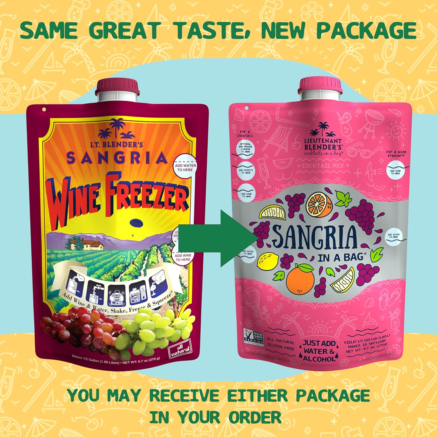 Lt. Blender's Sangria in a Bag – Wine Slushie Mixes - Each Bag Makes 1/2 Gallon of Frozen Red Sangria Mix – Non-GMO Wine Freezer Mix - Make with Wine, Liquor or as a Mocktail - (Pack of 1)