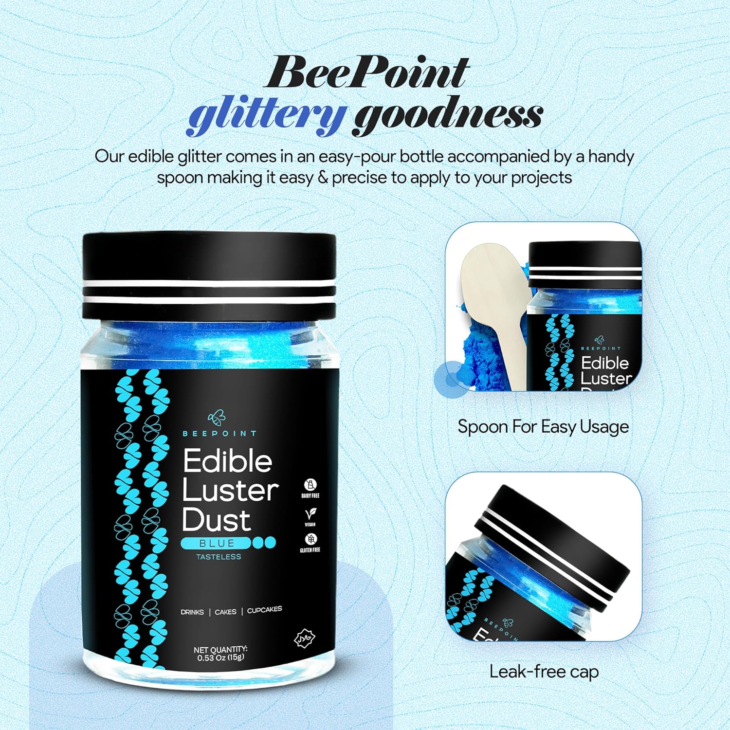 BeePoint Blue Edible Luster Dust 15g - Food Grade, Vibrant Color Shimmer Powdered Dust for Drinks, Cocktails, Cake Decorating, Baking, Chocolates, Candy, Sweets, & Cookies - Vegan & Gluten Free