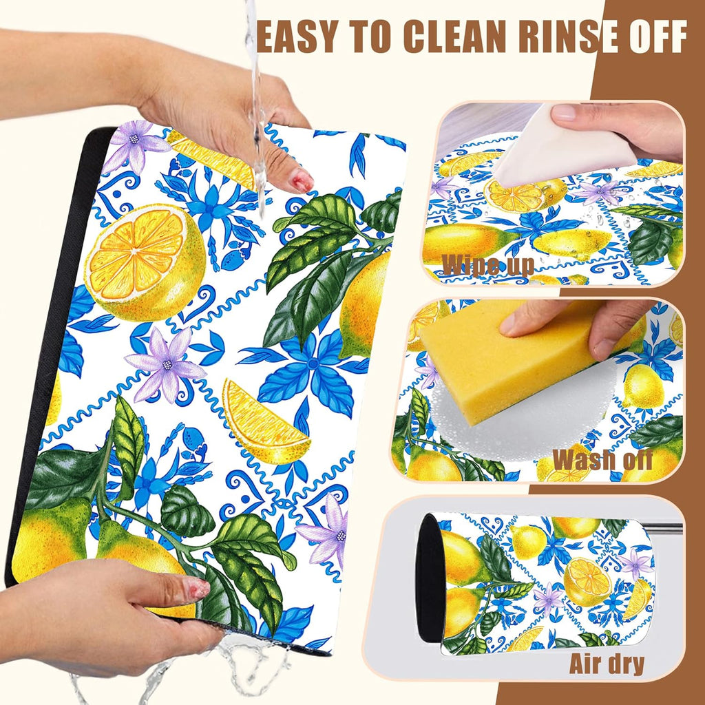 Lemon Fruit and Purple Flower Coffee Mat Absorbent Dish Drying Mat for Kitchen Counter Hide Stain Rubber Backed Coffee Bar Accessories Fit Under Espresso Machine Dish Drainer, 11.8 x 19.7 Inch