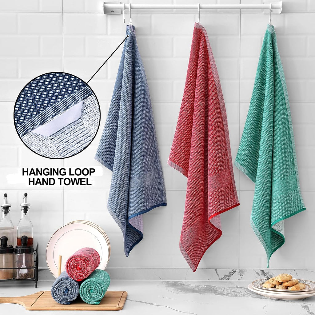 Homaxy Premium Kitchen Towels(18”x 28”, 12 Pack), Large Cotton Kitchen Hand Towels, Flat and Terry Dish Towels, 380 GSM Highly Absorbent Tea Towel Set with Hanging Loop, Navy Blue/Red/Green