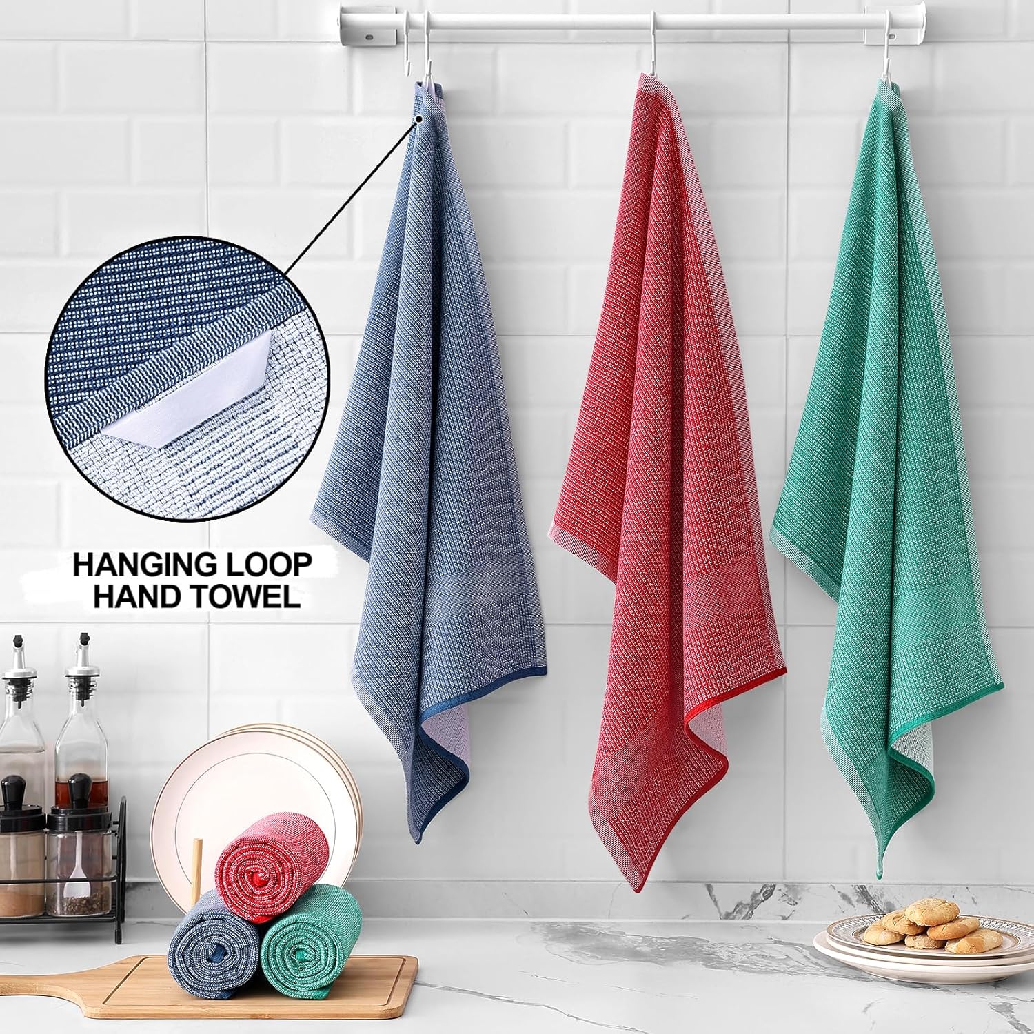 Homaxy Premium Kitchen Towels(18”x 28”, 12 Pack), Large Cotton Kitchen Hand Towels, Flat and Terry Dish Towels, 380 GSM Highly Absorbent Tea Towel Set with Hanging Loop, Navy Blue/Red/Green
