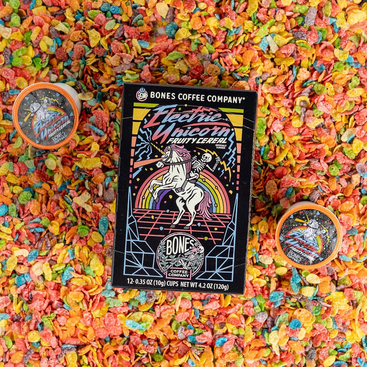 Bones Coffee Company Flavored Coffee Bones Cups Electric Unicorn Fruity Cereal Flavor | 12 ct Single-Serve Coffee Pods Compatible With 1.0 & 2.0 Keurig Coffee Maker