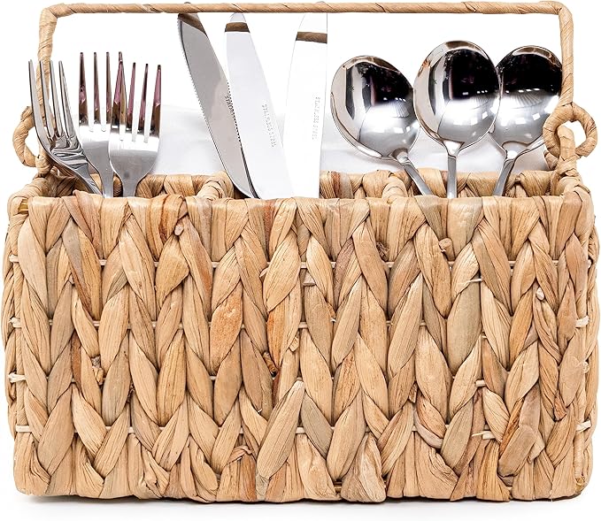 KOLWOVEN Wicker Utensil Caddy Carrier, Wicker Flatware Organizer, Hand Woven Water Hyacinth Cutlery Holder for Countertop with Handle