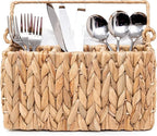 KOLWOVEN Wicker Utensil Caddy Carrier, Wicker Flatware Organizer, Hand Woven Water Hyacinth Cutlery Holder for Countertop with Handle