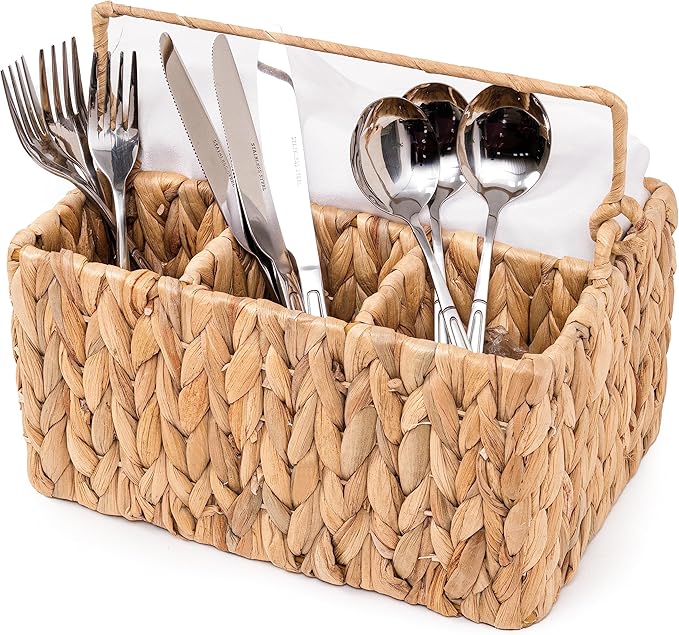 KOLWOVEN Wicker Utensil Caddy Carrier, Wicker Flatware Organizer, Hand Woven Water Hyacinth Cutlery Holder for Countertop with Handle