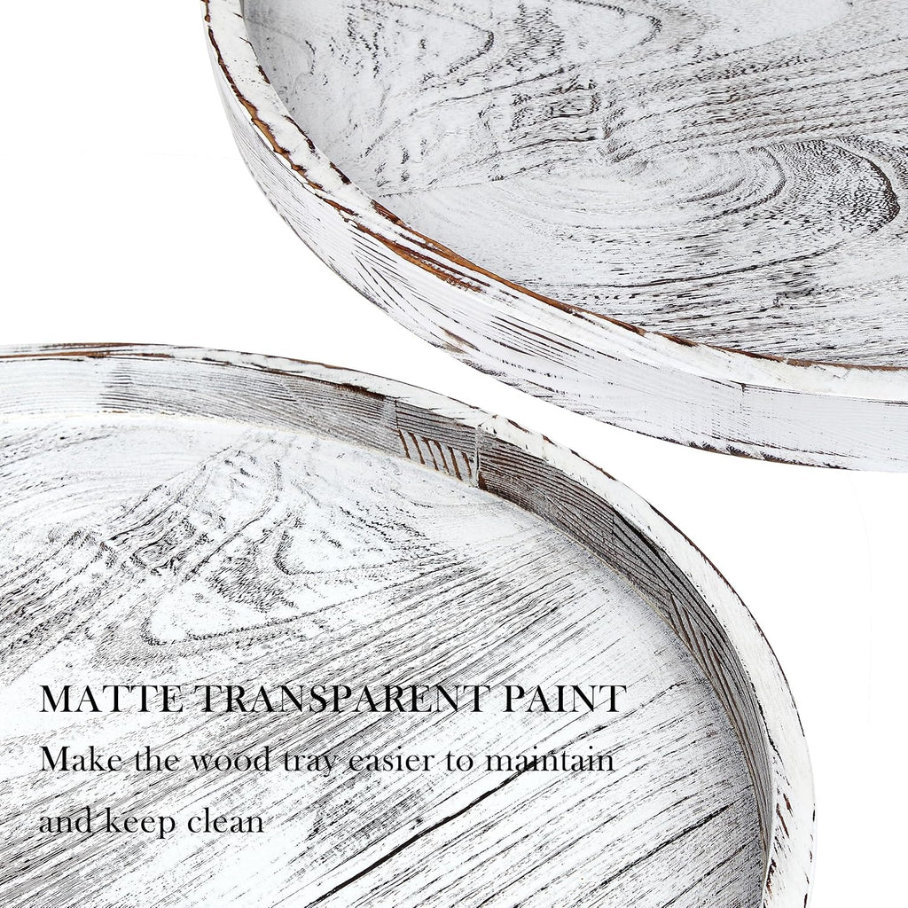 Extra Large Round Ottoman Table Tray Round-24 - Rustic Wooden Serving Tray for Farmhouse Decorative Oversized Coffee Table Trays Living Room Kitchen Counter Breakfast Whitewash