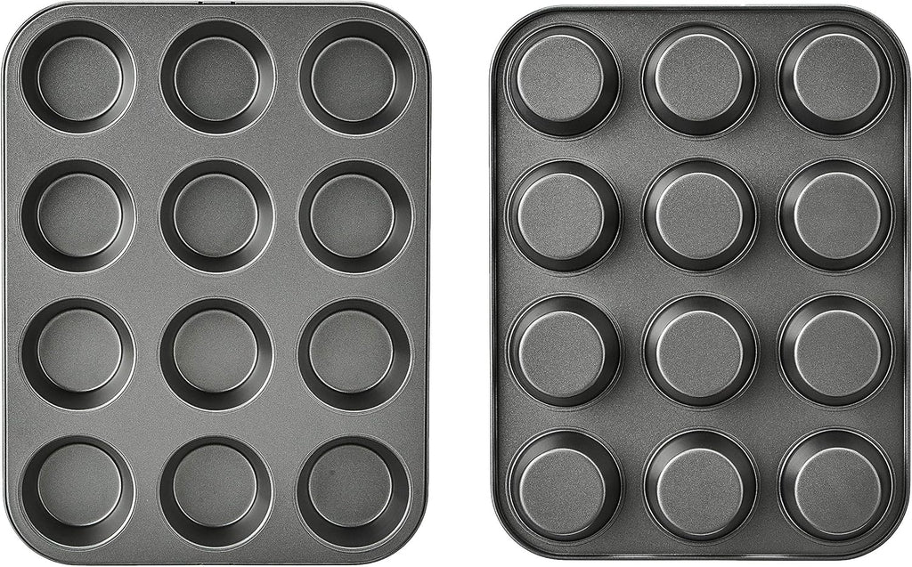 Amazon Basics Nonstick Round Muffin Baking Pan, 12 Cups, Set of 2, Gray, 13.9x10.55x1.22"