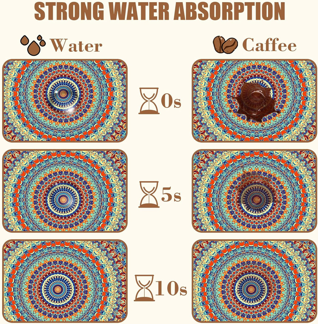Boho Mandala Ethnic Coffee Mat Absorbent Dish Drying Mat for Kitchen Counter Hide Stain Rubber Backed Coffee Bar Accessories Fit Under Espresso Machine Dish Drainer 15.7 x 23.6 Inch