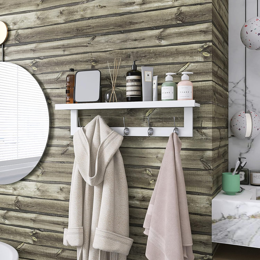 SMIBUY Coat Hooks with Shelf Wall-Mounted, 29.2 Inch Entryway Coat Rack for Wall, Bamboo Hanging Shelf with 5 Double Metal Hooks for Bathroom, Bedroom, Kitchen, Living Room, Mudroom (White)