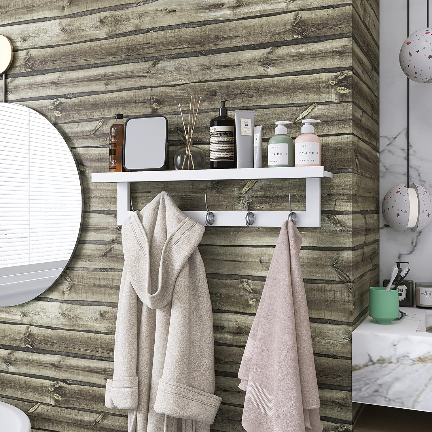 SMIBUY Coat Hooks with Shelf Wall-Mounted, 29.2 Inch Entryway Coat Rack for Wall, Bamboo Hanging Shelf with 5 Double Metal Hooks for Bathroom, Bedroom, Kitchen, Living Room, Mudroom (White)