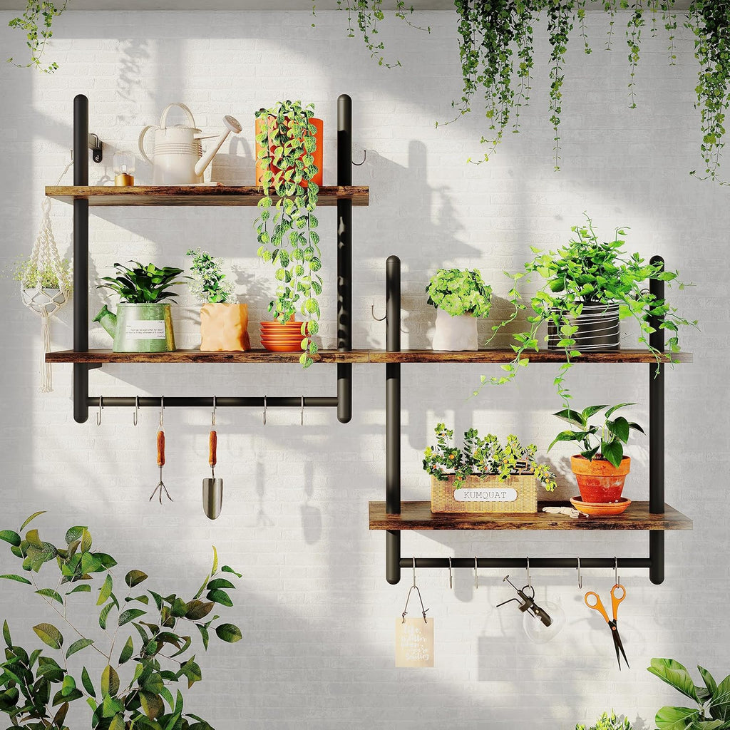 Bestier 24" Floating Kitchen Shelves Wall Mounted 2 Tier Coffee bar Shelves with 8 Hooks, Industrial Wall Shelf for Kitchen, Living Room Bedroom, Rustic Brown