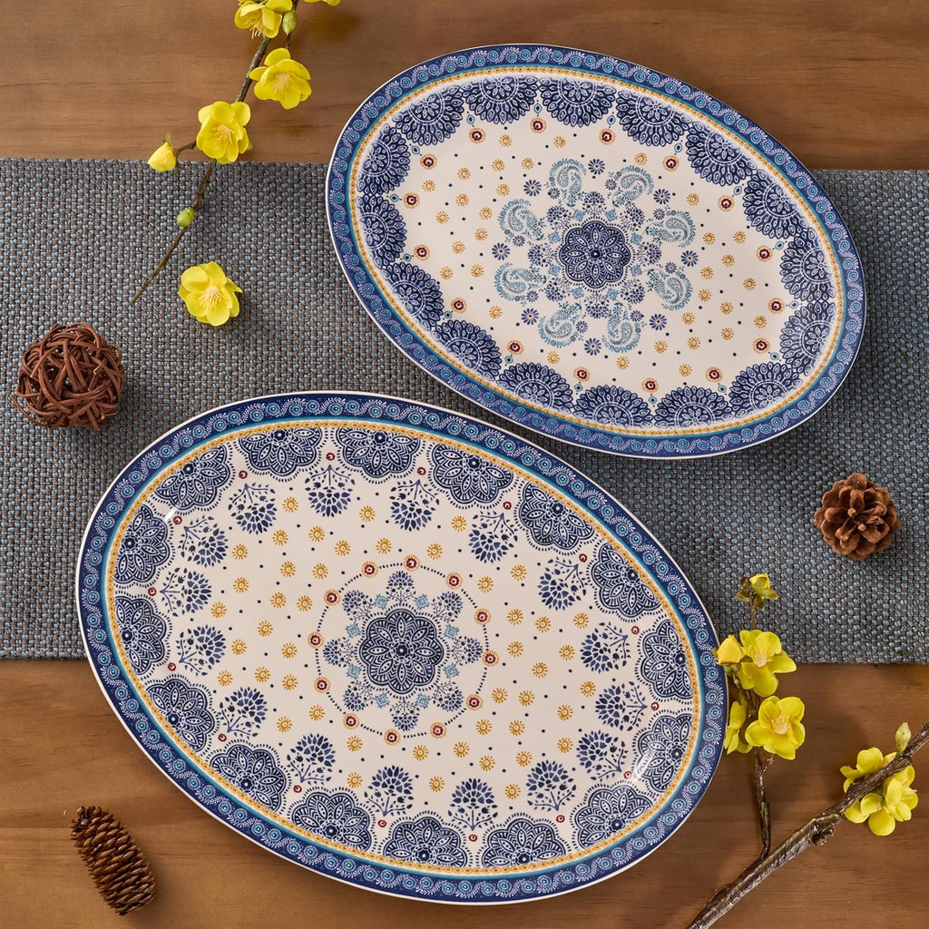 Bico Blue Talavera 16 plus 14 inch Oval Platters Set, Set of 2, Microwave and Dishwasher Safe, for Serving Fish, Chicken, Turkey
