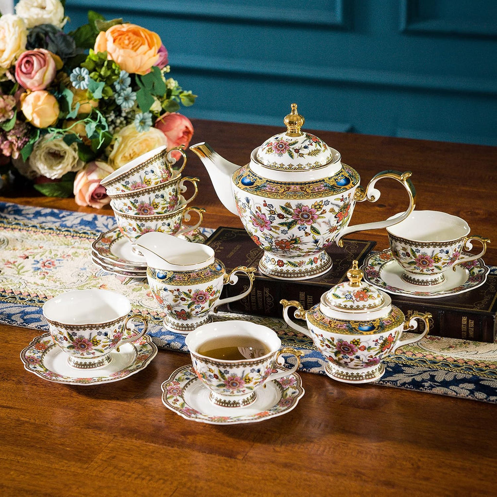 ACMLIFE Tea Set for Adults for 6, Blue and White Tea Set with Cups, Bone China Vintage Floral British English Tea Pot with Cups and Saucers for Women Party, Afternoon Service or Gift Giving (Pink)