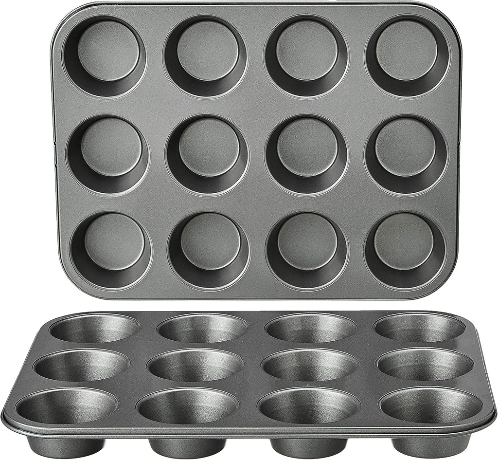 Amazon Basics Nonstick Round Muffin Baking Pan, 12 Cups, Set of 2, Gray, 13.9x10.55x1.22"