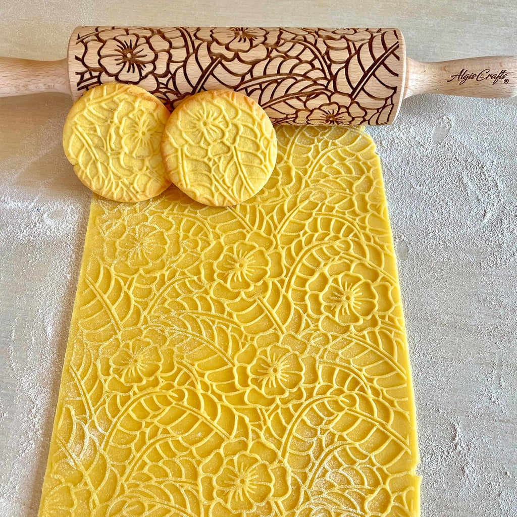 DOILY Embossing Rolling Pin with Flowers Pattern. Dough and Clay Roller for Embossed Cookies and Pottery. Cookie and Ceramic Stamp. Backing Gifts for Women by Algis Crafts
