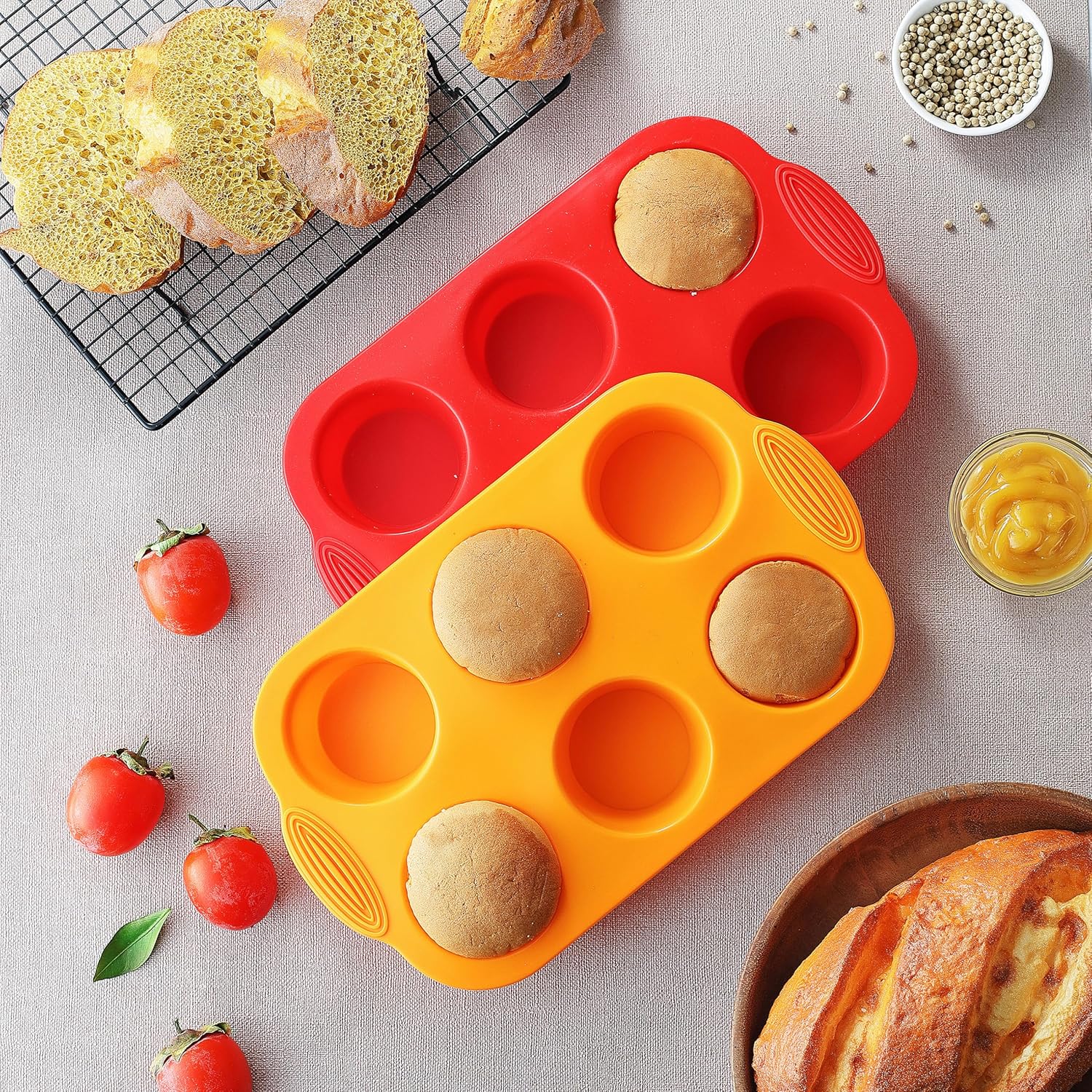 2PCS Silicone Muffin Cupcake Pan Molds, 6-Cavity Non Stick Silicone Muffin Pans for Baking Muffin, Cupcakes, Brownies and More, Food Grade and BPA Free (Orange and Red)
