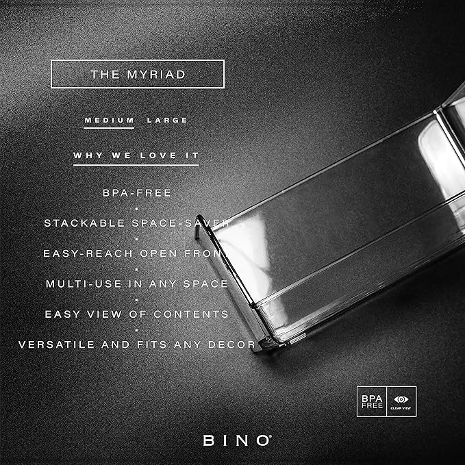 BINO | Stackable Plastic Storage Bins, Medium | THE MYRIAD COLLECTION | Multipurpose Bins | Pantry Organizers And Storage | Home Organization Containers | Clear Plastic Fridge Bin | Freezer Organizer